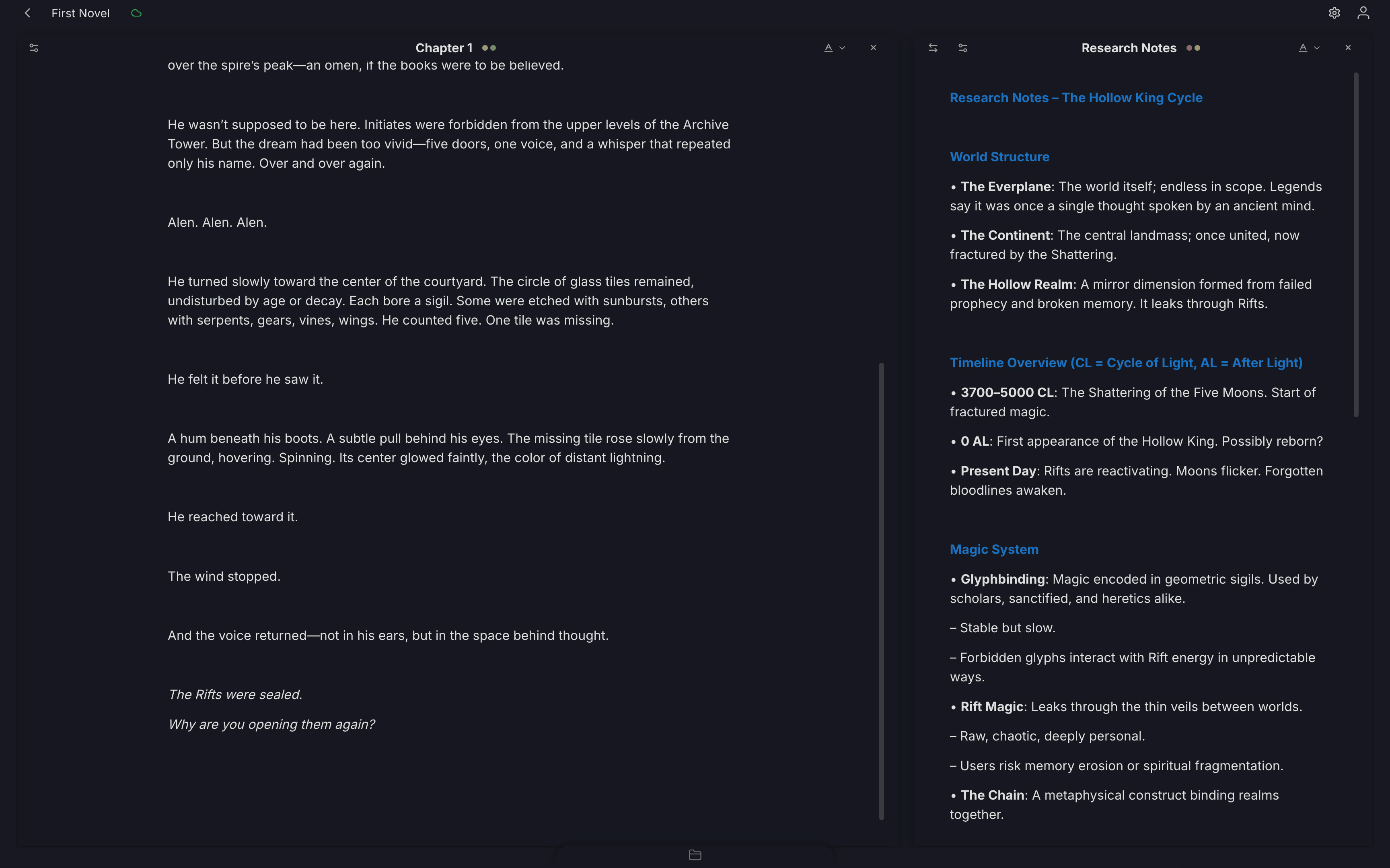 Studio text editor showing a long-form draft
